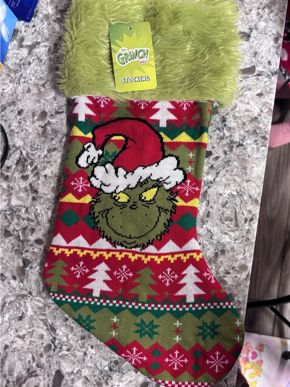 Dr. Seuss Grinch Fuzzy Cuff Holiday Stocking in Green, Red, White